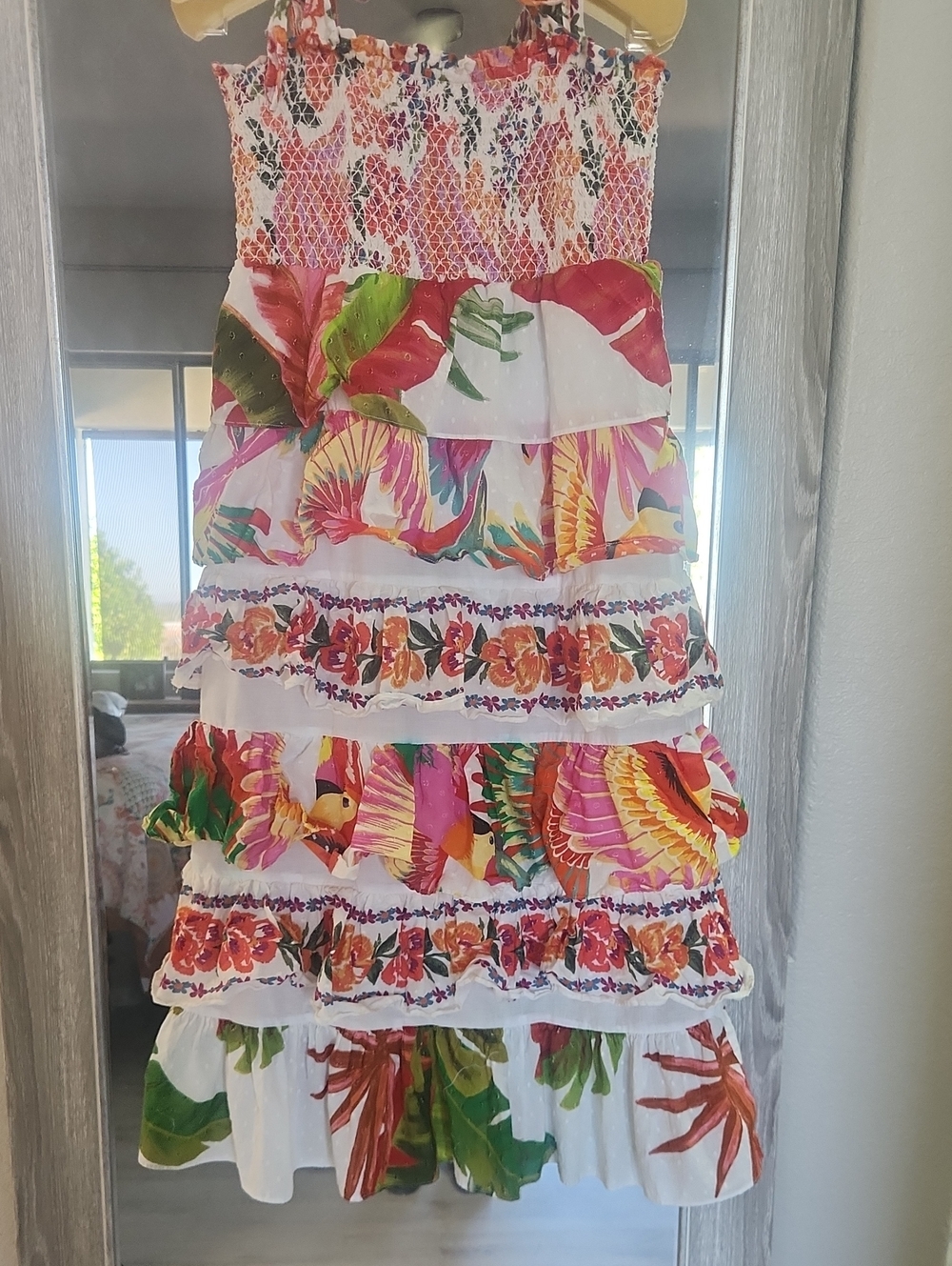 FARM Rio White Tiered Midi Dress with Multicolor Tropical Floral Print